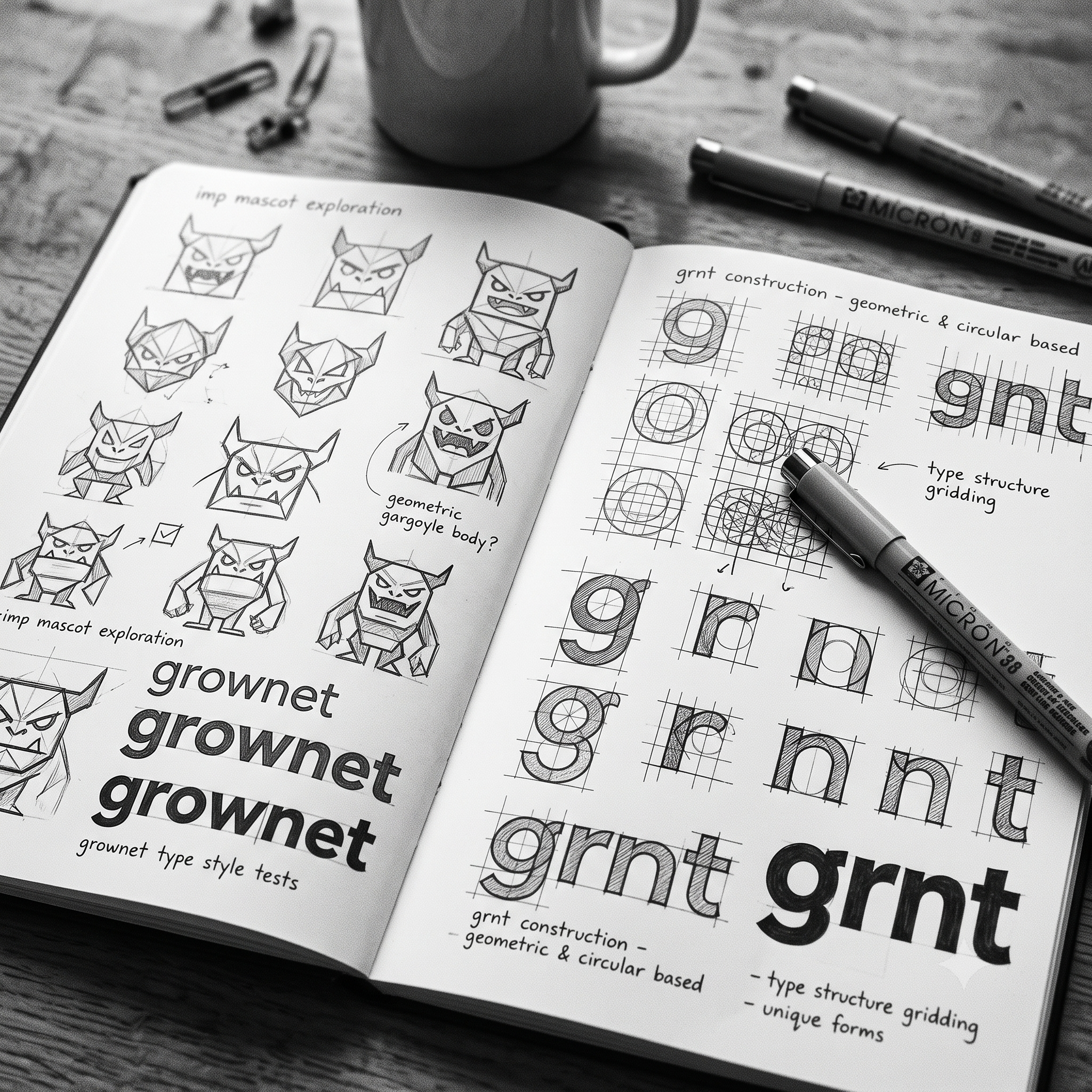 Logo and mascot exploration in sketchbook