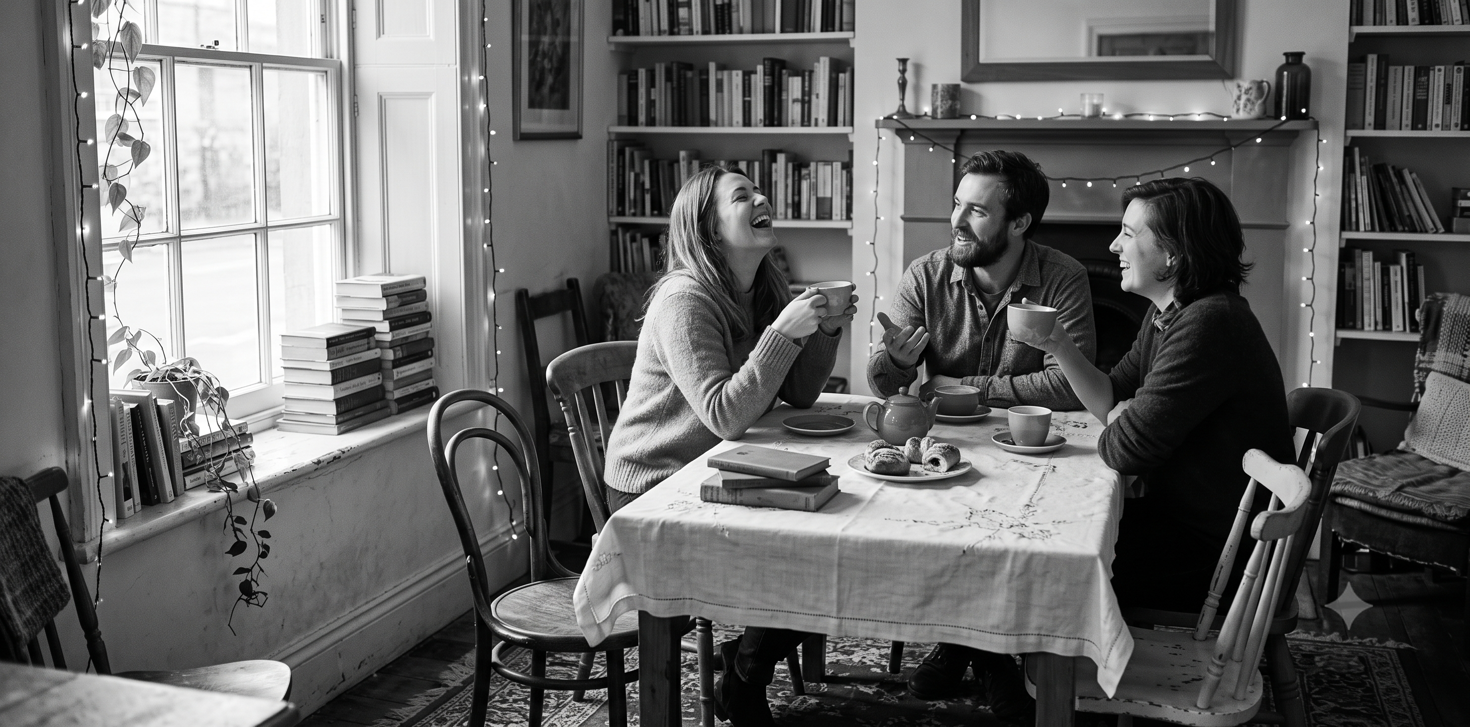 Guests laughing over coffee