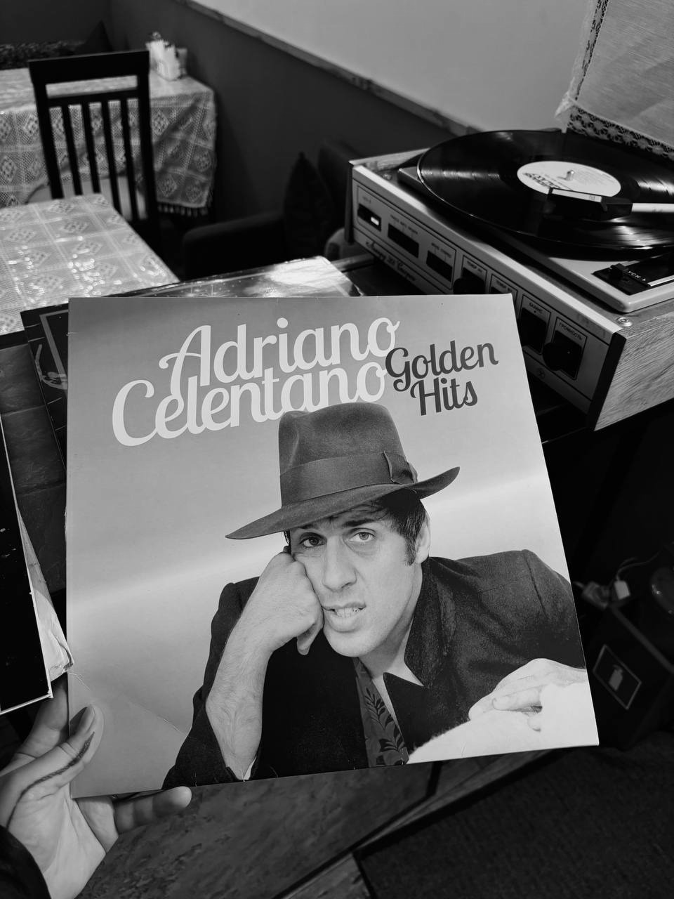 Adriano Celentano vinyl and turntable in the café